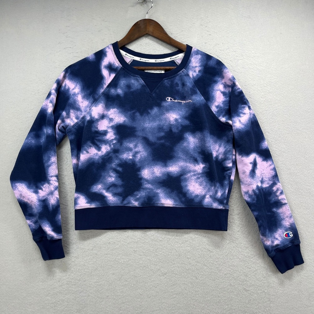 Champion Sweatshirt Womens M Navy Purple Tie Dye Cropped Athletic Crewneck